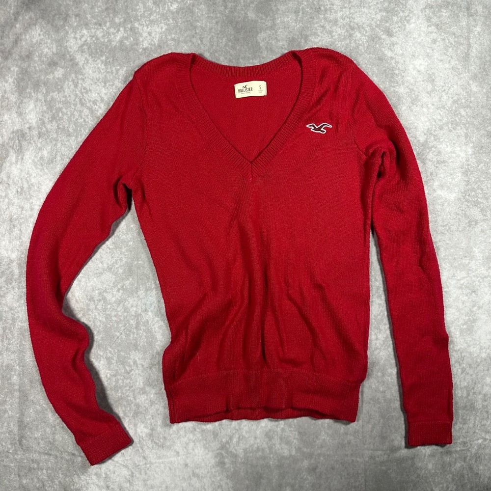 Hollister Womens Small Red V-Neck Long Sleeve Knit Sweater Top Y2K Mallcore